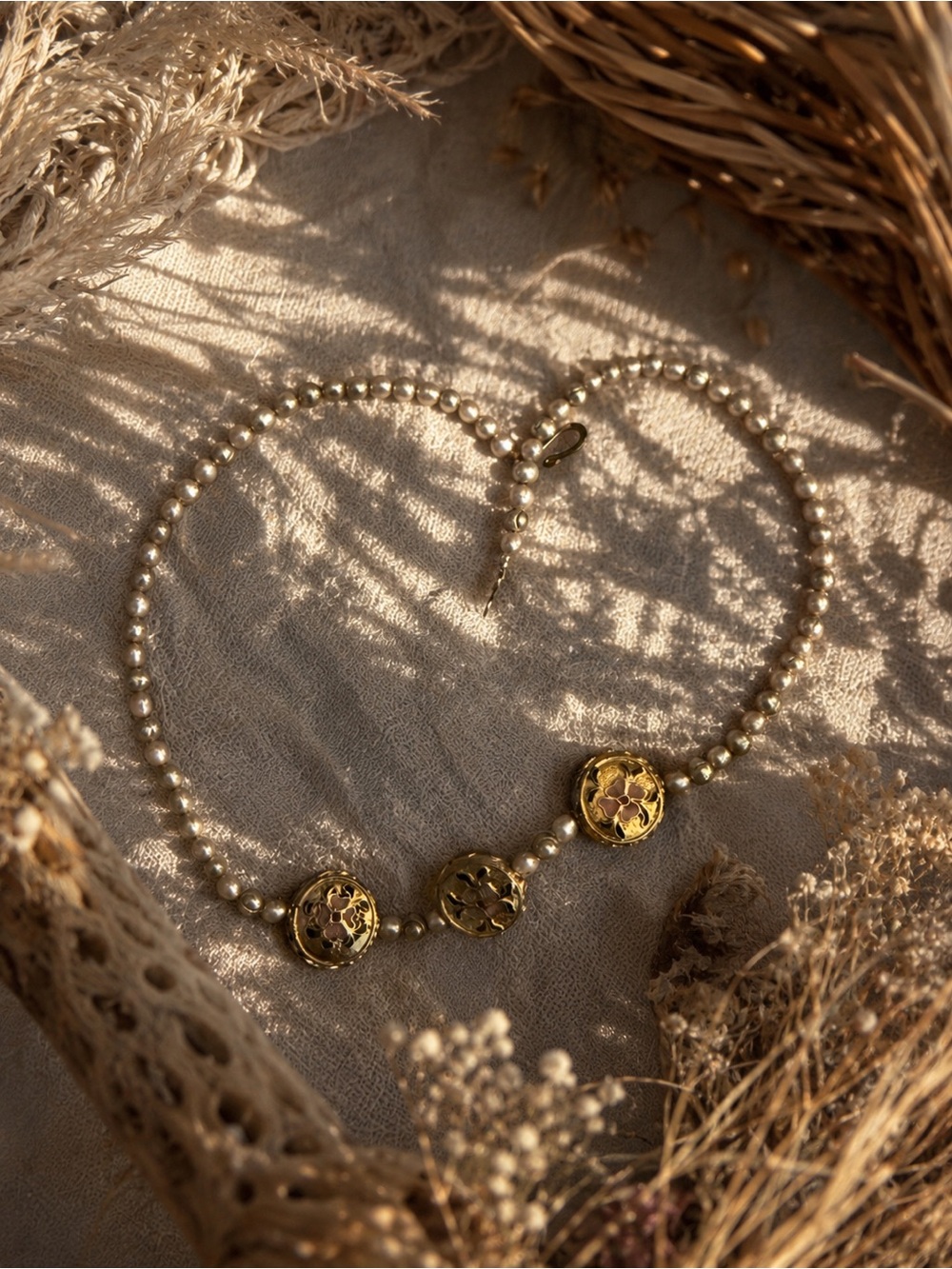 Cream Pearl Necklace with Gold Floral Medallion Accents